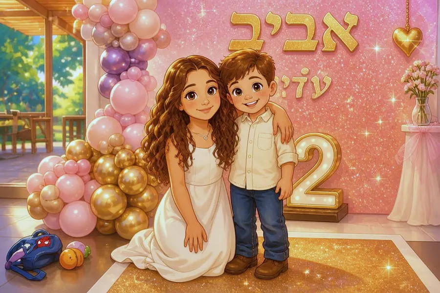 איור מותאם אישית לכרזת יום הולדת עם שני חוגגים בסגנון קומיקס